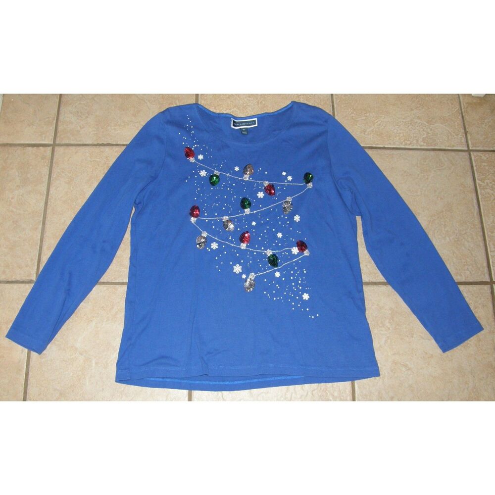 Blue Sz XL Sparkly Sequins & Glitter CHRISTMAS LIGHTS Soft Stretchy Cotton Shirt